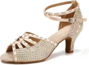 JUODVMP Women's Latin Dance Shoes Rhinestones Satin Ballroom Dancing Shoes Salsa Professional Dance Shoes