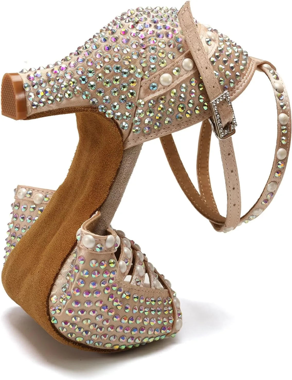 JUODVMP Women's Latin Dance Shoes Rhinestones Satin Ballroom Dancing Shoes Salsa Professional Dance Shoes