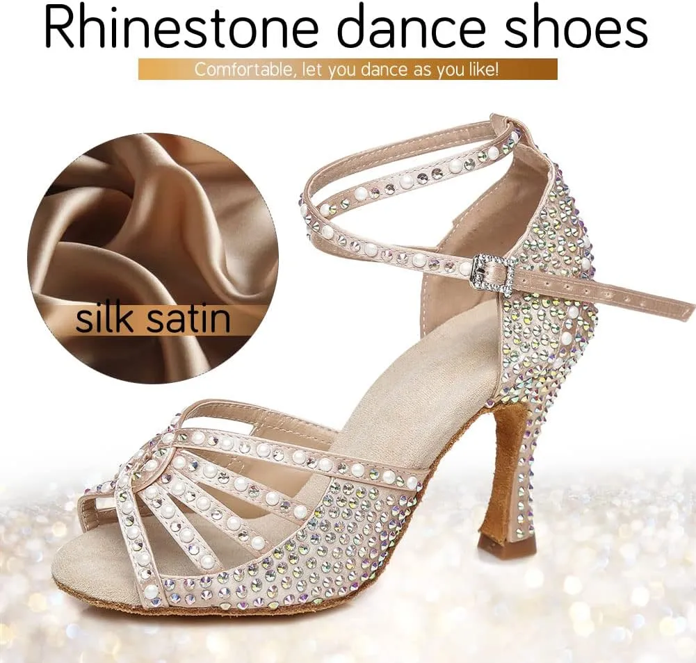 JUODVMP Women's Latin Dance Shoes Rhinestones Satin Ballroom Dancing Shoes Salsa Professional Dance Shoes