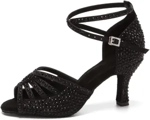 JUODVMP Women's Latin Dance Shoes Rhinestones Satin Ballroom Dancing Shoes Salsa Professional Dance Shoes