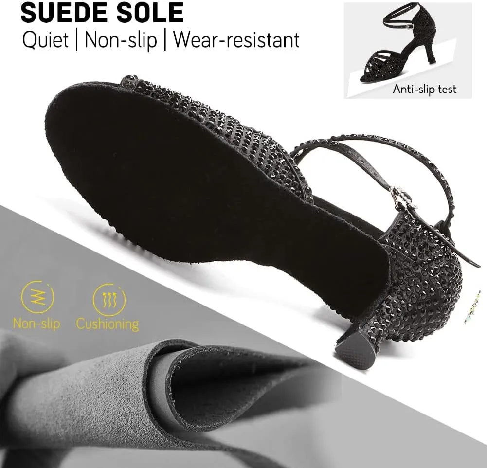 JUODVMP Women's Latin Dance Shoes Rhinestones Satin Ballroom Dancing Shoes Salsa Professional Dance Shoes
