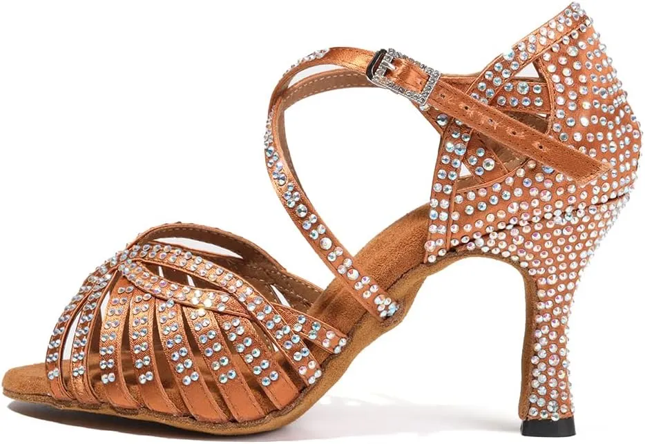 JUODVMP Women's Latin Salsa Dance Shoes Open-Toe Satin with Rhinestones Braided Ballroom Heels Model L380