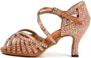 JUODVMP Women's Latin Salsa Dance Shoes Open-Toe Satin with Rhinestones Braided Ballroom Heels Model L380