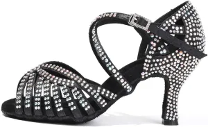 JUODVMP Women's Latin Salsa Dance Shoes Open-Toe Satin with Rhinestones Braided Ballroom Heels Model L380