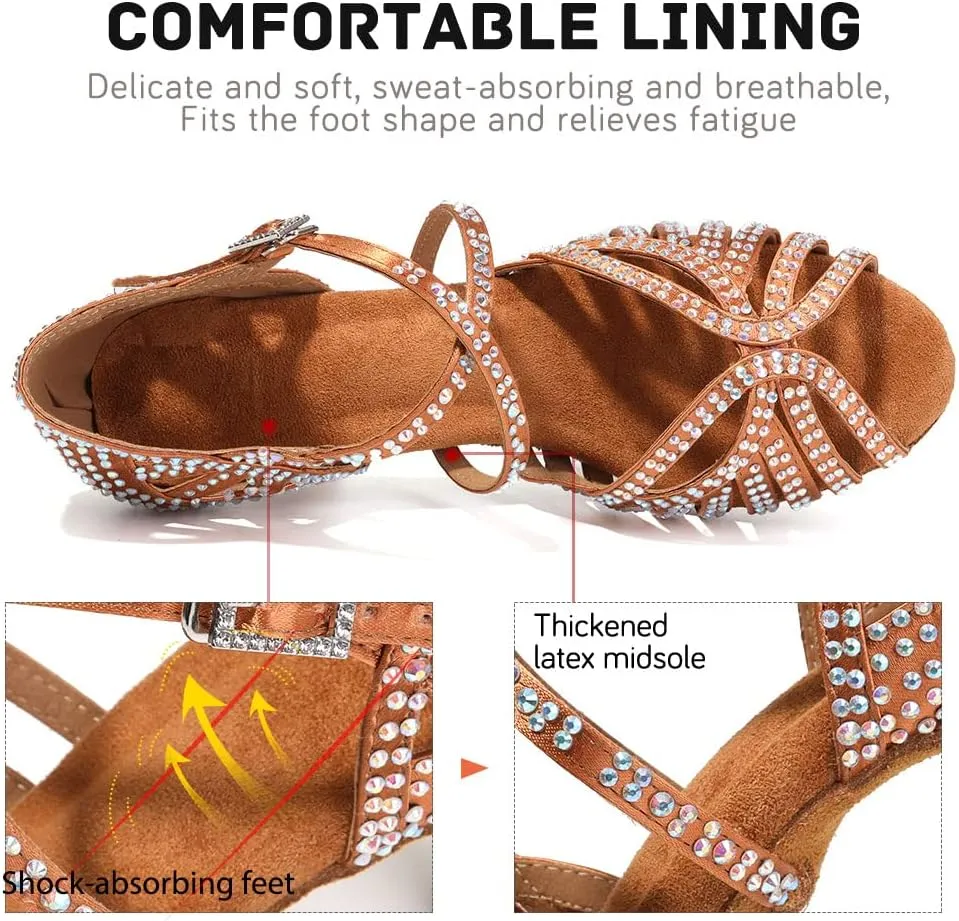 JUODVMP Women's Latin Salsa Dance Shoes Open-Toe Satin with Rhinestones Braided Ballroom Heels Model L380