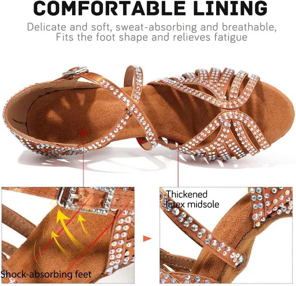 JUODVMP Women's Latin Salsa Dance Shoes Open-Toe Satin with Rhinestones Braided Ballroom Heels Model L380