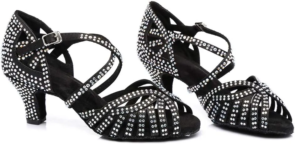 JUODVMP Women's Latin Salsa Dance Shoes Open-Toe Satin with Rhinestones Braided Ballroom Heels Model L380