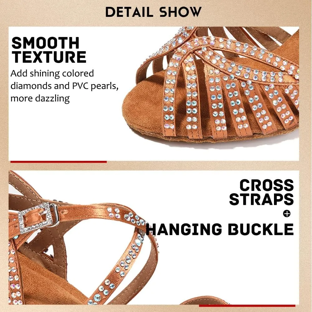 JUODVMP Women's Latin Salsa Dance Shoes Open-Toe Satin with Rhinestones Braided Ballroom Heels Model L380