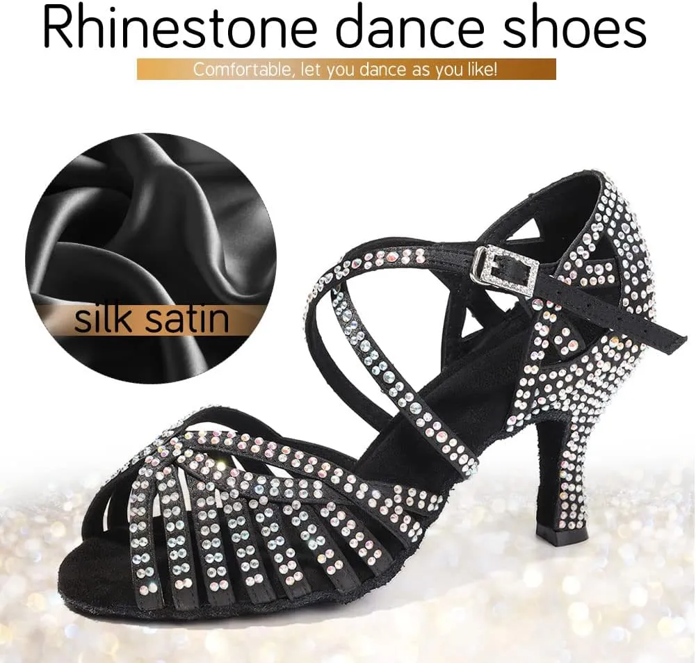 JUODVMP Women's Latin Salsa Dance Shoes Open-Toe Satin with Rhinestones Braided Ballroom Heels Model L380