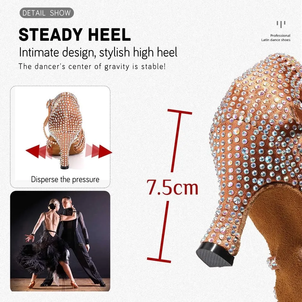 JUODVMP Women's Latin Salsa Dance Shoes Open-Toe Satin with Rhinestones Braided Ballroom Heels Model L380