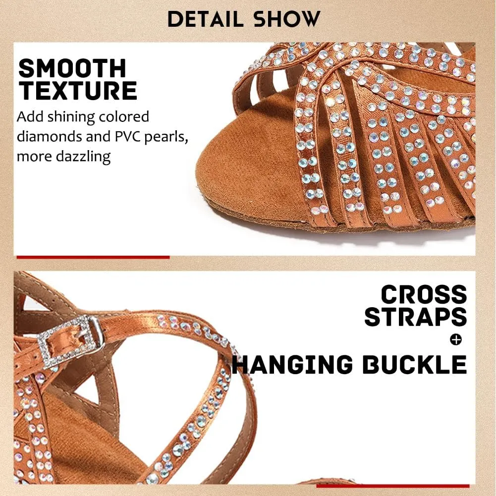 JUODVMP Women's Latin Salsa Dance Shoes Open-Toe Satin with Rhinestones Braided Ballroom Heels Model L380