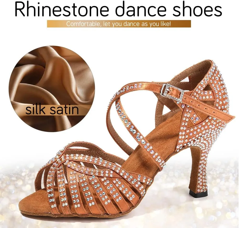 JUODVMP Women's Latin Salsa Dance Shoes Open-Toe Satin with Rhinestones Braided Ballroom Heels Model L380