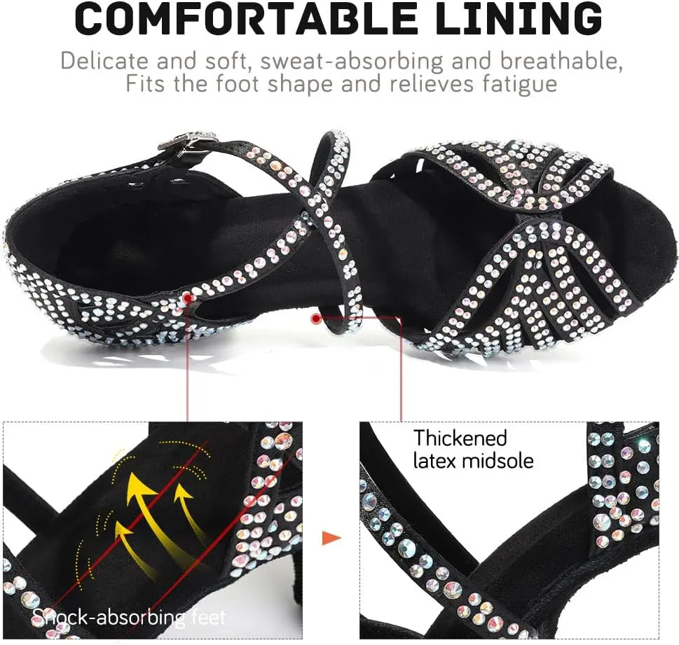 JUODVMP Women's Latin Salsa Dance Shoes Open-Toe Satin with Rhinestones Braided Ballroom Heels Model L380