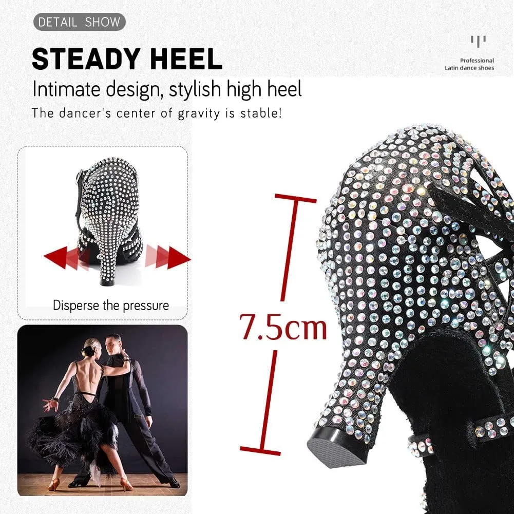 JUODVMP Women's Latin Salsa Dance Shoes Open-Toe Satin with Rhinestones Braided Ballroom Heels Model L380