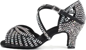 JUODVMP Women's Latin Salsa Dance Shoes Open-Toe Satin with Rhinestones Braided Ballroom Heels Model L380
