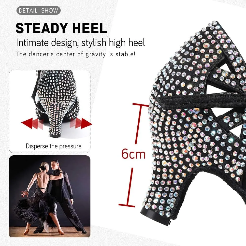 JUODVMP Women's Latin Salsa Dance Shoes Open-Toe Satin with Rhinestones Braided Ballroom Heels Model L380