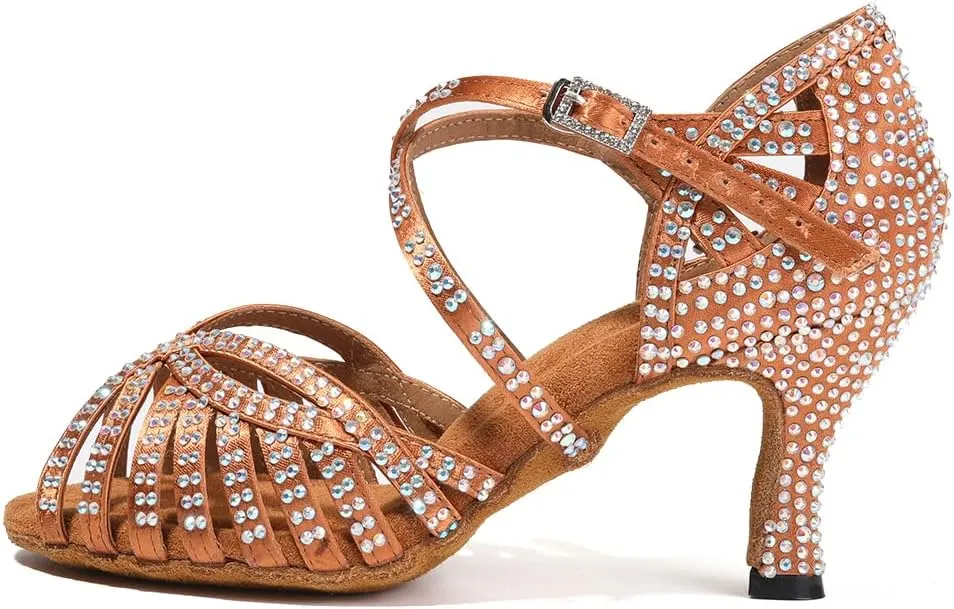 JUODVMP Women's Latin Salsa Dance Shoes Open-Toe Satin with Rhinestones Braided Ballroom Heels Model L380
