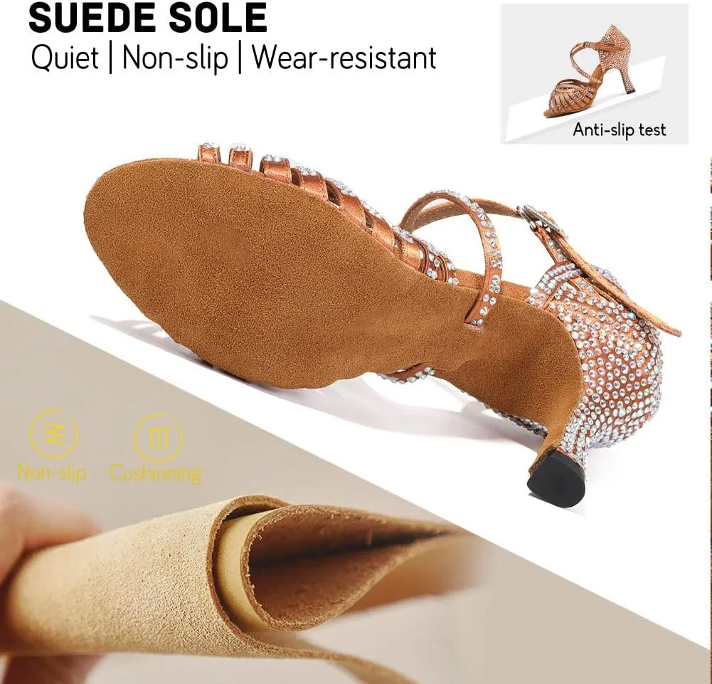 JUODVMP Women's Latin Salsa Dance Shoes Open-Toe Satin with Rhinestones Braided Ballroom Heels Model L380