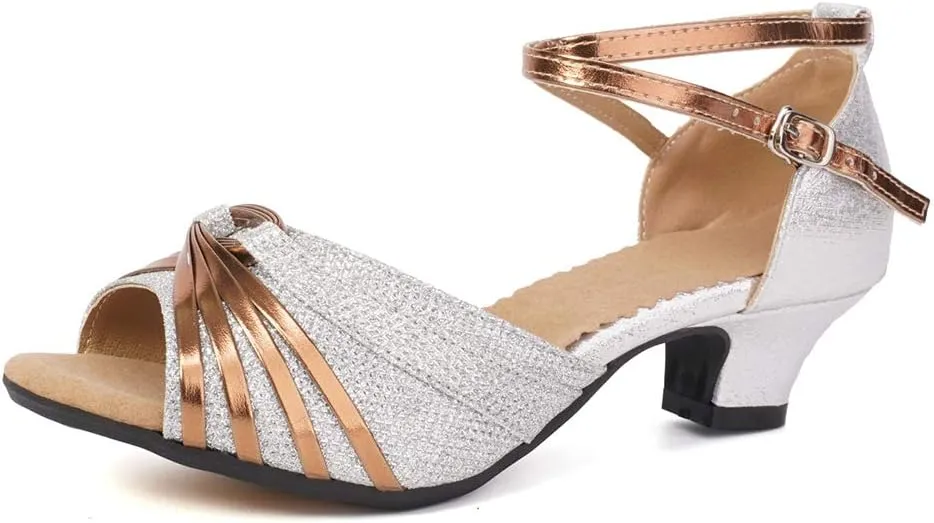 JUODVMP Women's Satin Decorated with Glitter Straps Peep Toe Cross Ankle Strap Latin Salsa Ballroom Practicing Shoes Model DY08