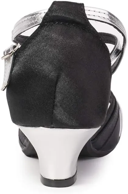 JUODVMP Women's Satin Decorated with Glitter Straps Peep Toe Cross Ankle Strap Latin Salsa Ballroom Practicing Shoes Model DY08