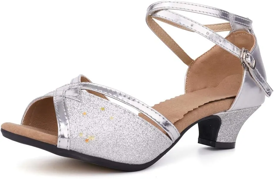JUODVMP Women's Satin Decorated with Glitter Straps Peep Toe Cross Ankle Strap Latin Salsa Ballroom Practicing Shoes Model DY08