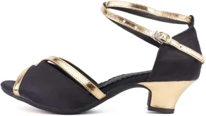 JUODVMP Women's Satin Decorated with Glitter Straps Peep Toe Cross Ankle Strap Latin Salsa Ballroom Practicing Shoes Model DY08