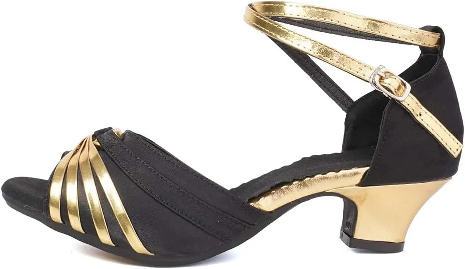 JUODVMP Women's Satin Decorated with Glitter Straps Peep Toe Cross Ankle Strap Latin Salsa Ballroom Practicing Shoes Model DY08