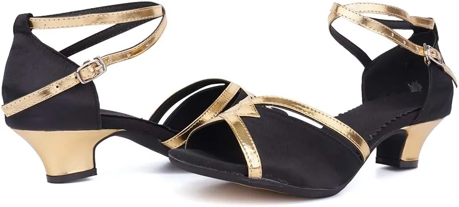 JUODVMP Women's Satin Decorated with Glitter Straps Peep Toe Cross Ankle Strap Latin Salsa Ballroom Practicing Shoes Model DY08