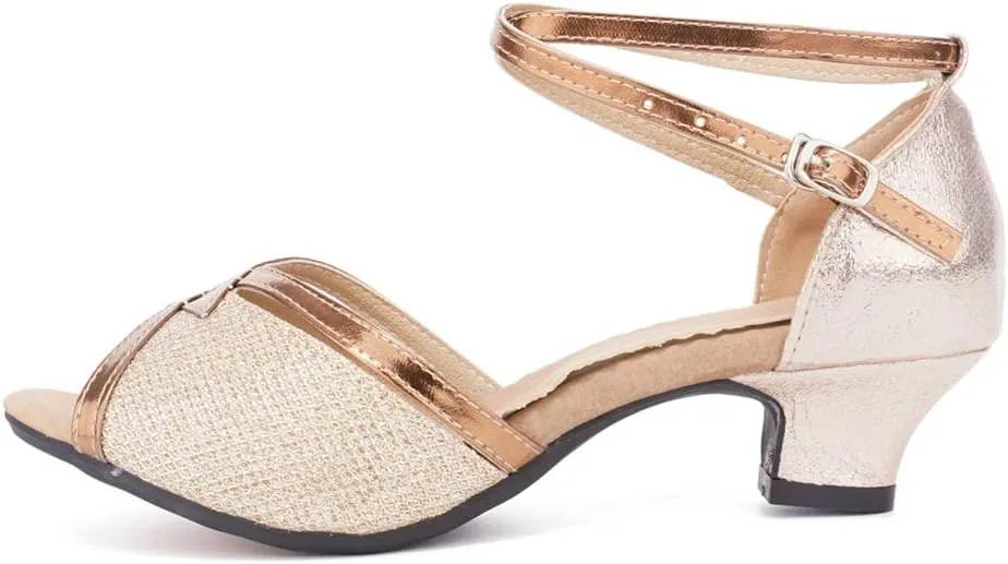 JUODVMP Women's Satin Decorated with Glitter Straps Peep Toe Cross Ankle Strap Latin Salsa Ballroom Practicing Shoes Model DY08
