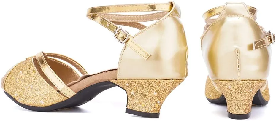 JUODVMP Women's Satin Decorated with Glitter Straps Peep Toe Cross Ankle Strap Latin Salsa Ballroom Practicing Shoes Model DY08