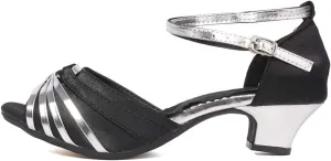 JUODVMP Women's Satin Decorated with Glitter Straps Peep Toe Cross Ankle Strap Latin Salsa Ballroom Practicing Shoes Model DY08