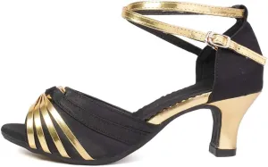 JUODVMP Women's Satin Decorated with Glitter Straps Peep Toe Cross Ankle Strap Latin Salsa Ballroom Practicing Shoes Model DY08