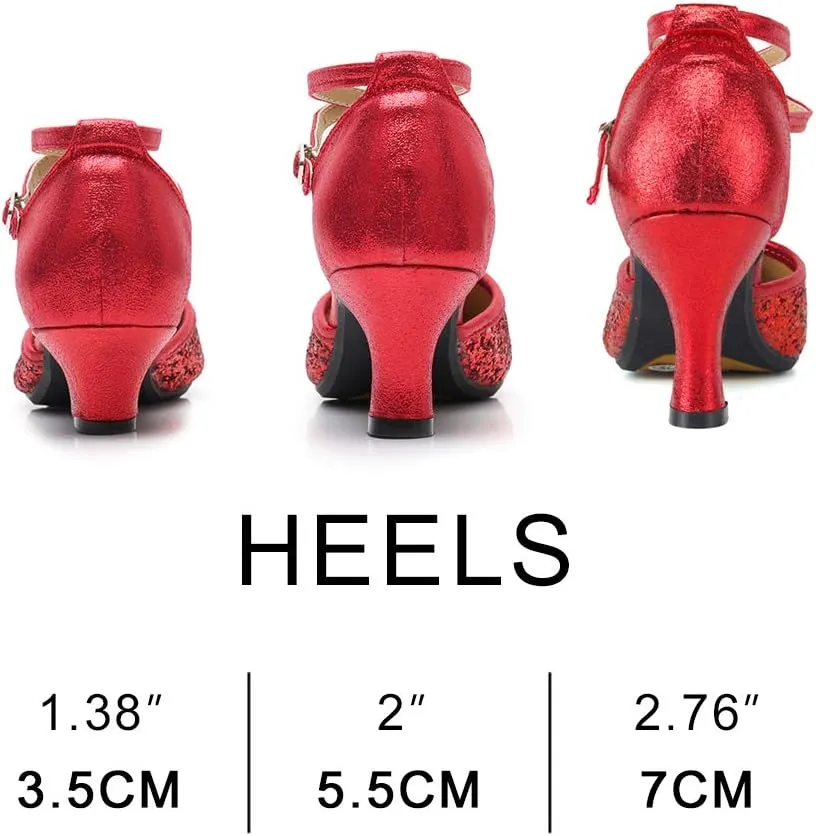 JUODVMP Women's Satin Decorated with Glitter Straps Peep Toe Cross Ankle Strap Latin Salsa Ballroom Practicing Shoes Model DY08