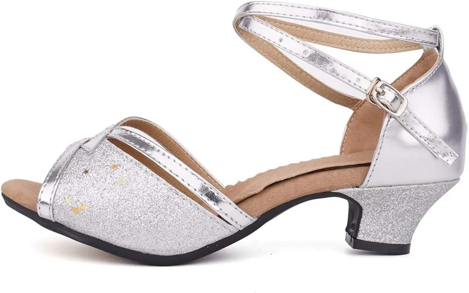 JUODVMP Women's Satin Decorated with Glitter Straps Peep Toe Cross Ankle Strap Latin Salsa Ballroom Practicing Shoes Model DY08