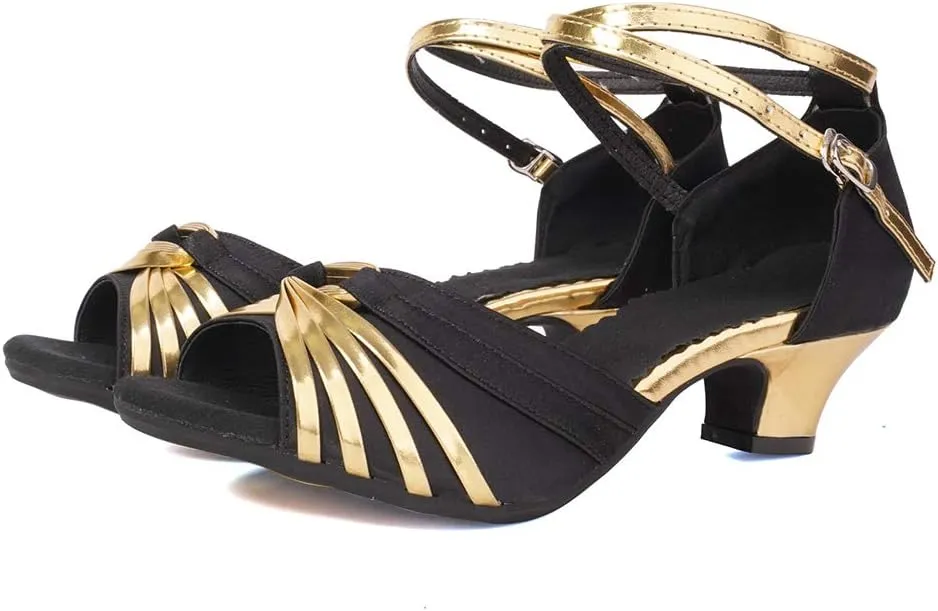 JUODVMP Women's Satin Decorated with Glitter Straps Peep Toe Cross Ankle Strap Latin Salsa Ballroom Practicing Shoes Model DY08