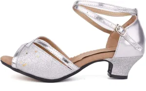 JUODVMP Women's Satin Decorated with Glitter Straps Peep Toe Cross Ankle Strap Latin Salsa Ballroom Practicing Shoes Model DY08