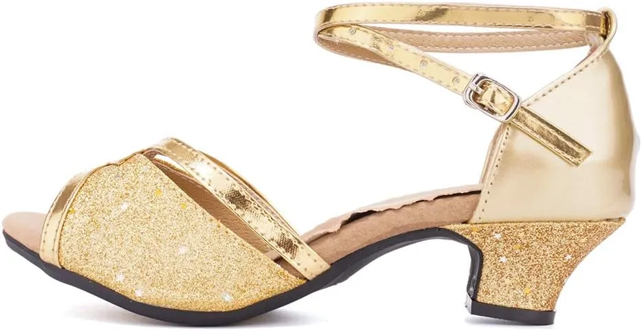 JUODVMP Women's Satin Decorated with Glitter Straps Peep Toe Cross Ankle Strap Latin Salsa Ballroom Practicing Shoes Model DY08