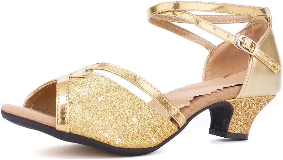 JUODVMP Women's Satin Decorated with Glitter Straps Peep Toe Cross Ankle Strap Latin Salsa Ballroom Practicing Shoes Model DY08