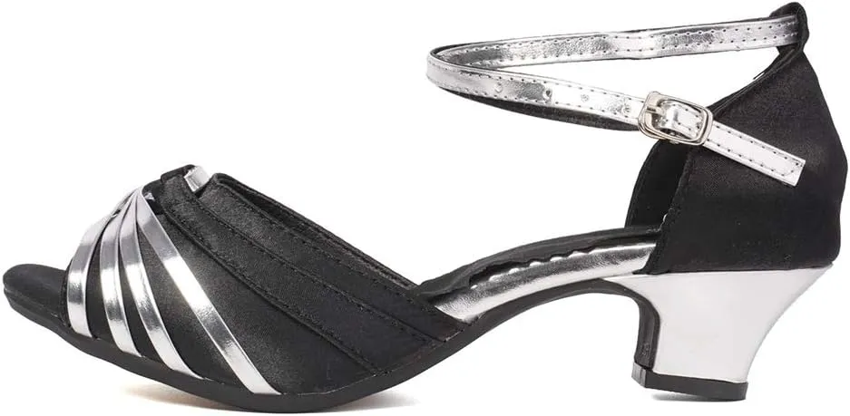 JUODVMP Women's Satin Decorated with Glitter Straps Peep Toe Cross Ankle Strap Latin Salsa Ballroom Practicing Shoes Model DY08