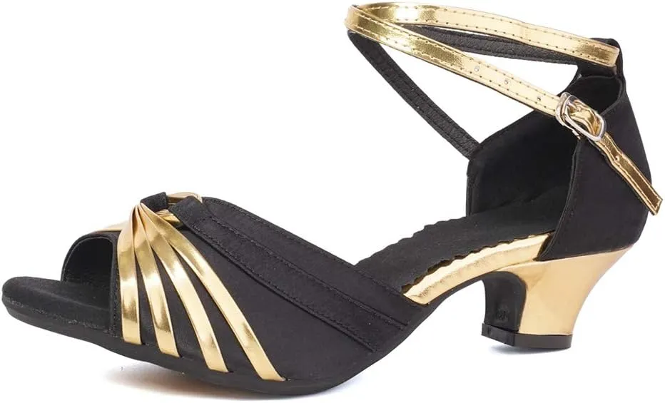 JUODVMP Women's Satin Decorated with Glitter Straps Peep Toe Cross Ankle Strap Latin Salsa Ballroom Practicing Shoes Model DY08