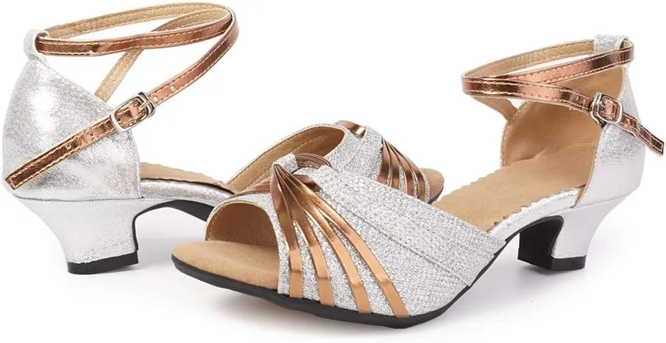 JUODVMP Women's Satin Decorated with Glitter Straps Peep Toe Cross Ankle Strap Latin Salsa Ballroom Practicing Shoes Model DY08