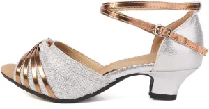 JUODVMP Women's Satin Decorated with Glitter Straps Peep Toe Cross Ankle Strap Latin Salsa Ballroom Practicing Shoes Model DY08