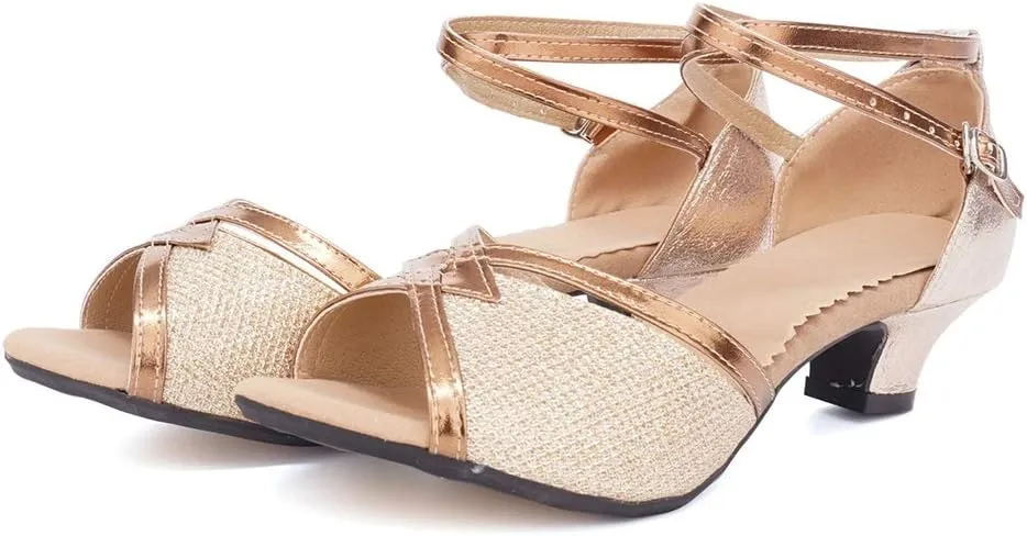 JUODVMP Women's Satin Decorated with Glitter Straps Peep Toe Cross Ankle Strap Latin Salsa Ballroom Practicing Shoes Model DY08