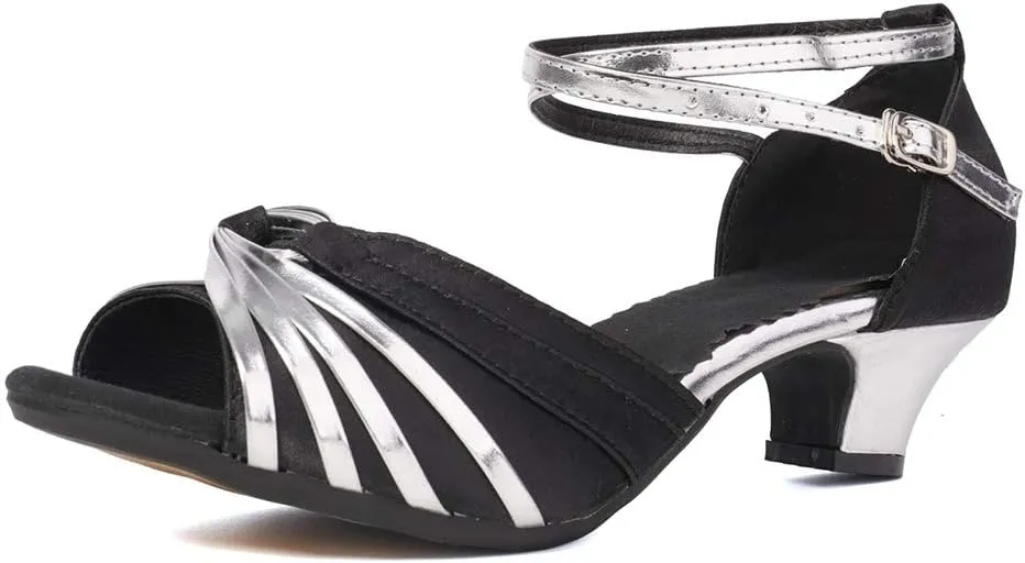 JUODVMP Women's Satin Decorated with Glitter Straps Peep Toe Cross Ankle Strap Latin Salsa Ballroom Practicing Shoes Model DY08