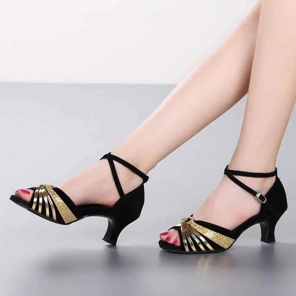 JUODVMP Women's Satin Decorated with Glitter Straps Peep Toe Cross Ankle Strap Latin Salsa Ballroom Practicing Shoes Model DY08
