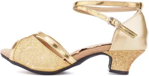 JUODVMP Women's Satin Decorated with Glitter Straps Peep Toe Cross Ankle Strap Latin Salsa Ballroom Practicing Shoes Model DY08