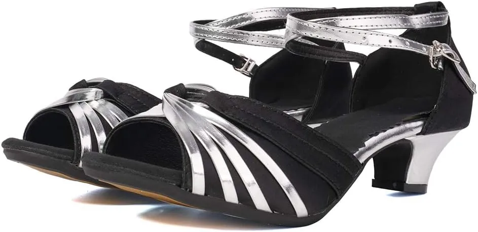 JUODVMP Women's Satin Decorated with Glitter Straps Peep Toe Cross Ankle Strap Latin Salsa Ballroom Practicing Shoes Model DY08