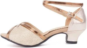 JUODVMP Women's Satin Decorated with Glitter Straps Peep Toe Cross Ankle Strap Latin Salsa Ballroom Practicing Shoes Model DY08