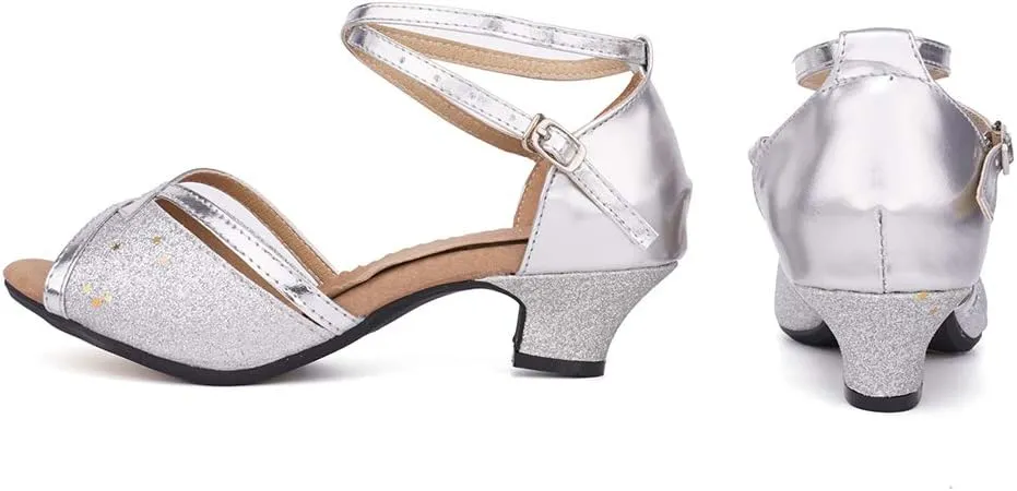 JUODVMP Women's Satin Decorated with Glitter Straps Peep Toe Cross Ankle Strap Latin Salsa Ballroom Practicing Shoes Model DY08