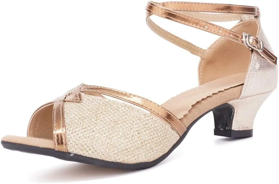 JUODVMP Women's Satin Decorated with Glitter Straps Peep Toe Cross Ankle Strap Latin Salsa Ballroom Practicing Shoes Model DY08